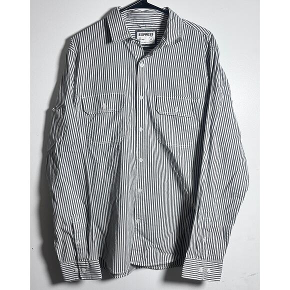 Express Men’s L Slim Soft Wash Shirt Gray White Stripe Button Front NWT - Picture 2 of 8